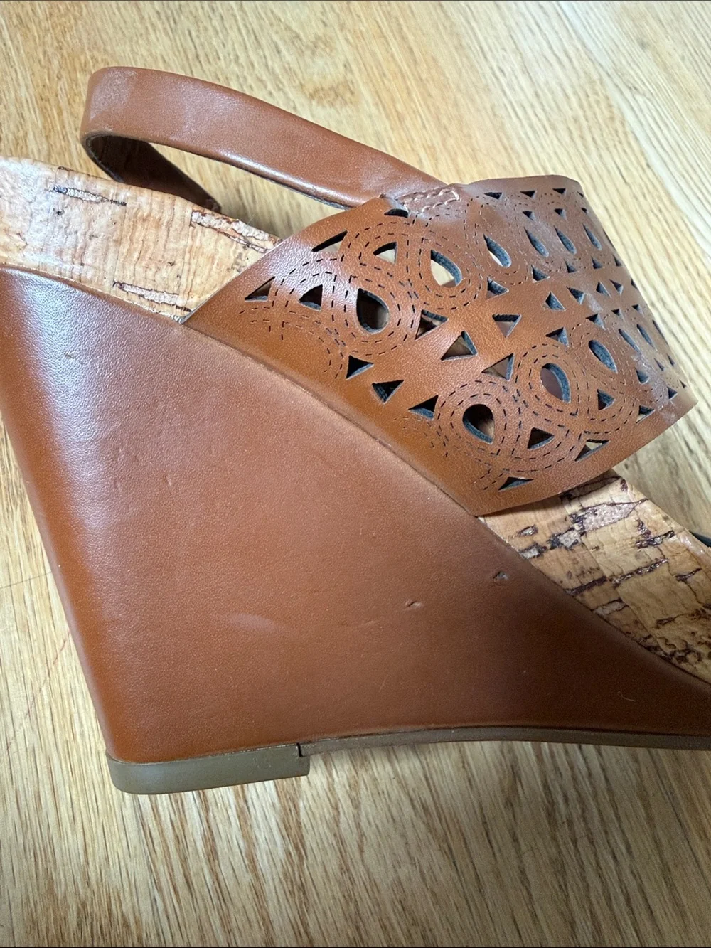BCBGeneration Brown Laser-Cut Cork Wedge Sandals